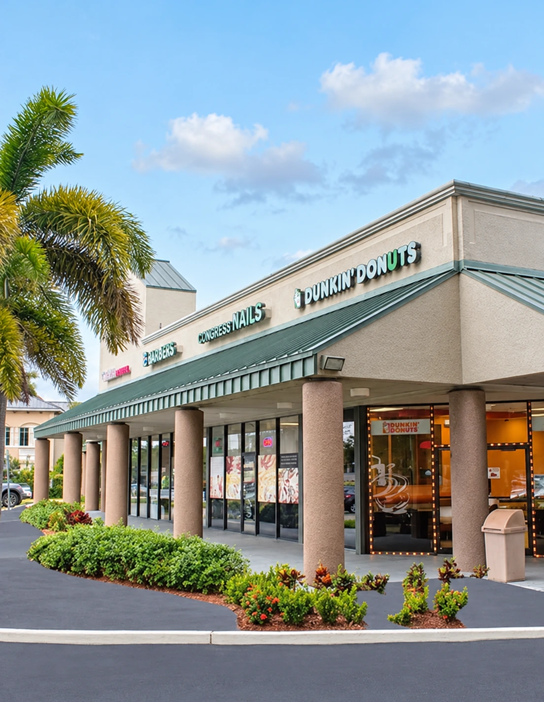 Congress Square storefronts and landscaping in Delray Beach, Florida